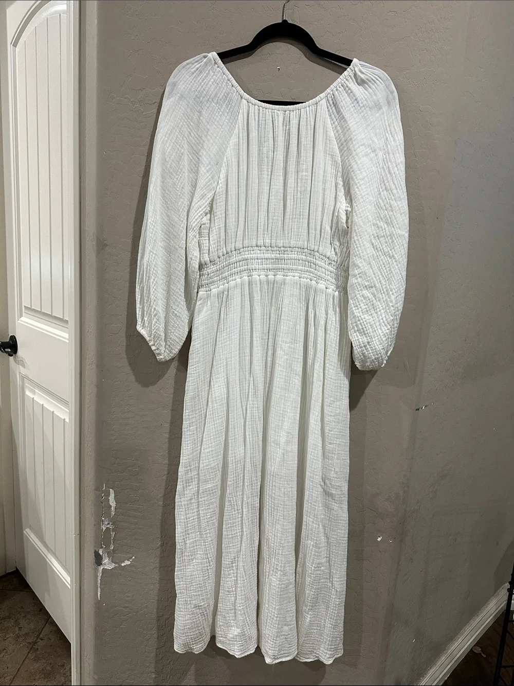 J. Crew White Long Sleeve Smocked-Waist Maxi Dress